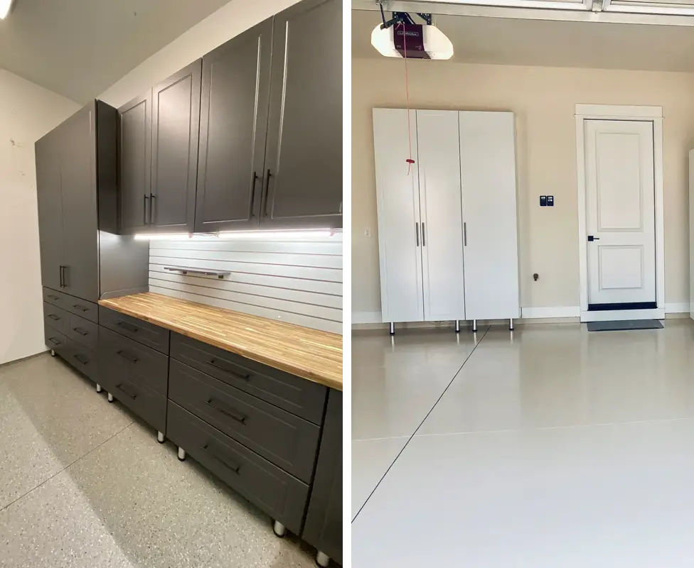 A split photo of two different rooms with cabinets.