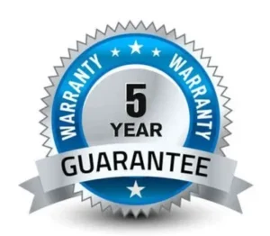 A silver and blue seal with stars stating "5 Year Warranty Guarantee" in bold text, showcasing our commitment to powder coating durability.
