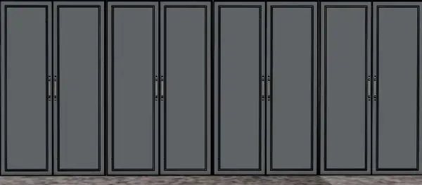 A large grey cabinet with black trim on the doors.