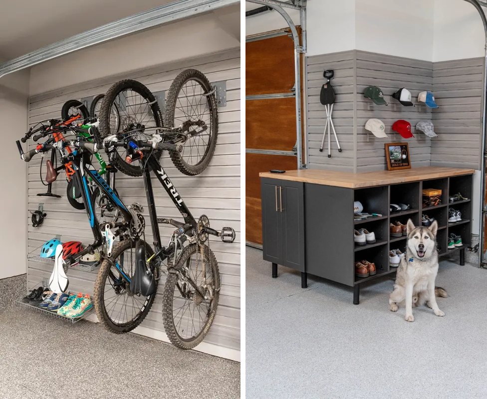 A garage with two bikes hanging on the wall and a dog sitting in front of it.